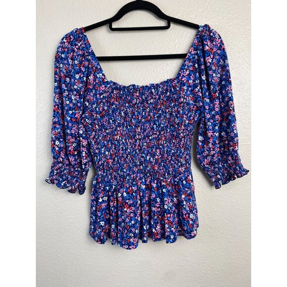 Draper James Floral Smocked babydoll top Blouse Womens sz XS Purple square neck - Picture 10 of 10
